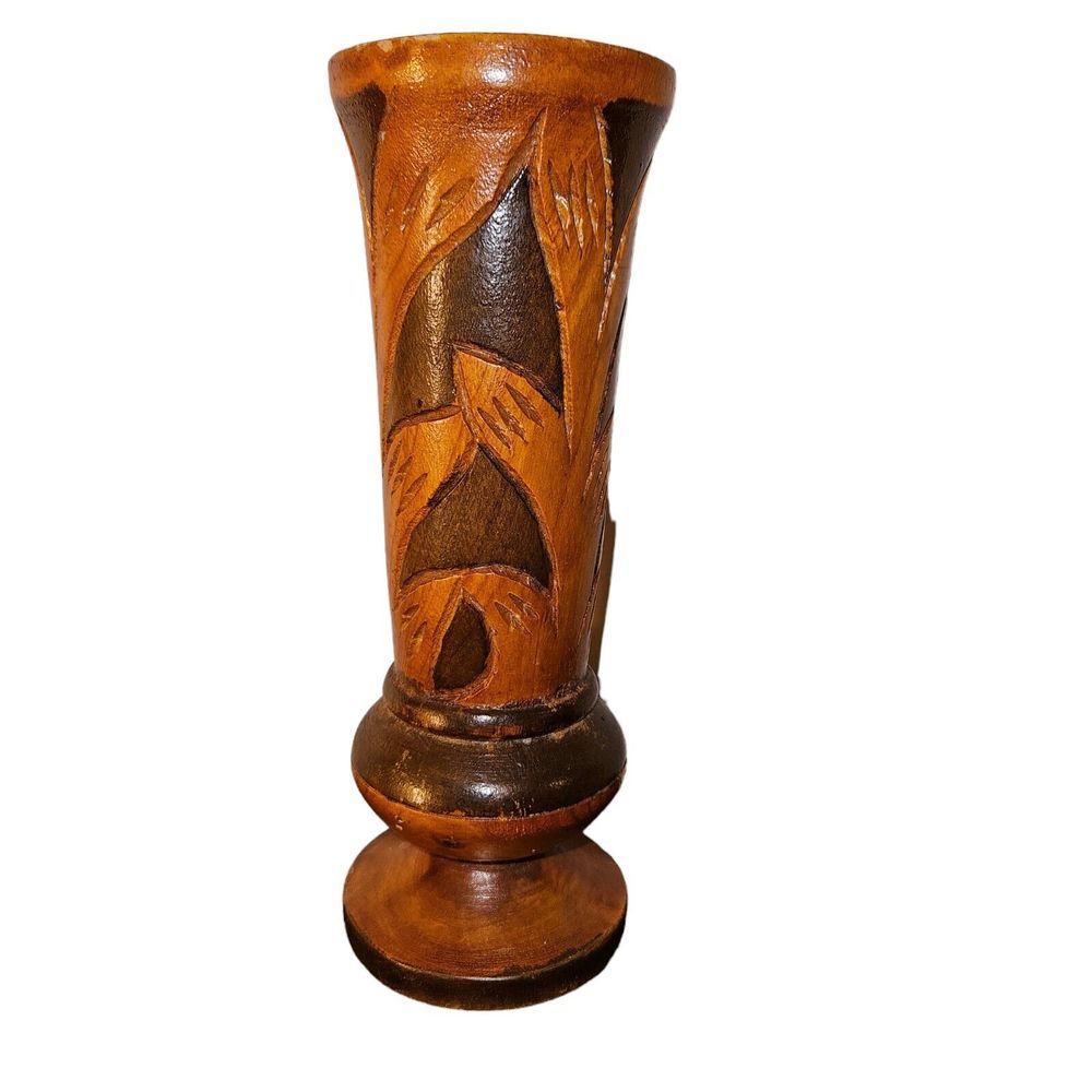 Vintage Hand Carved Wooden Vase Bohemian‎ Mid-century Modern 8" Two-tone